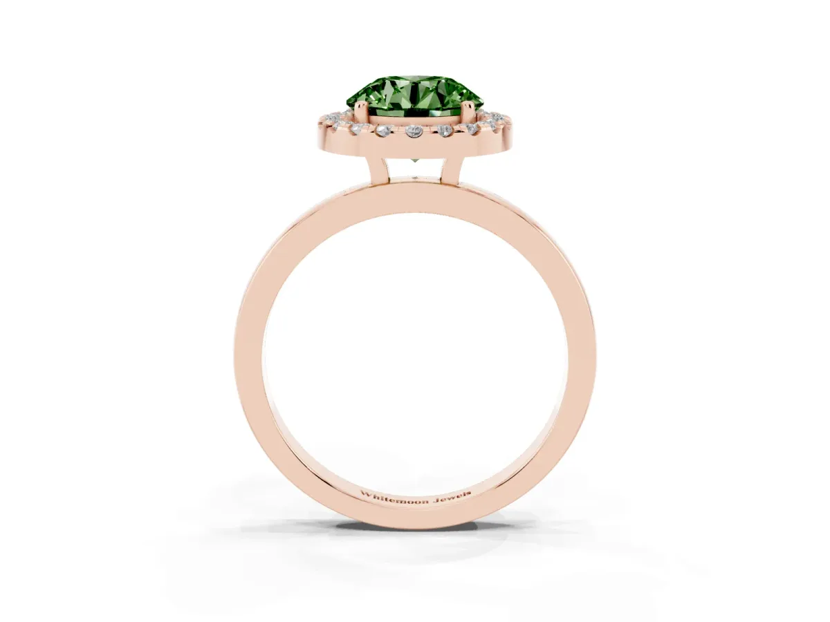 Fancy Green Round Cut Halo Diamond Solitaire with Pavé Band and Four-Prong Setting Rose gold