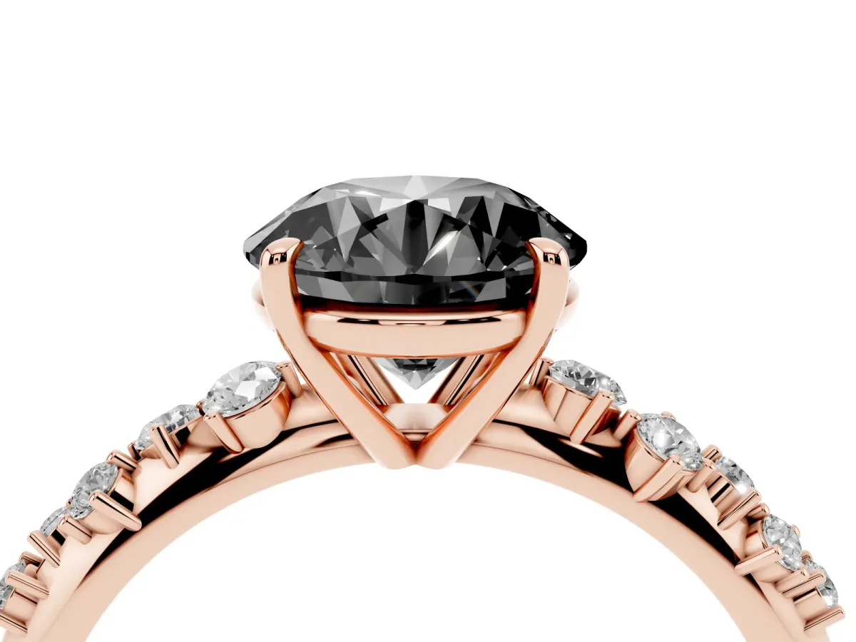 Fancy Black Round Cut Diamond Cluster Side Stone Solitaire Ring with Prong Setting Rose gold