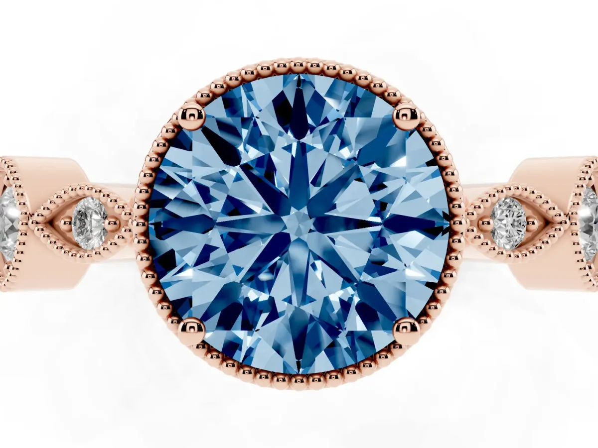 Fancy Blue Round Cut Diamond Vintage Milgrain Ring with Round Stations Rose gold