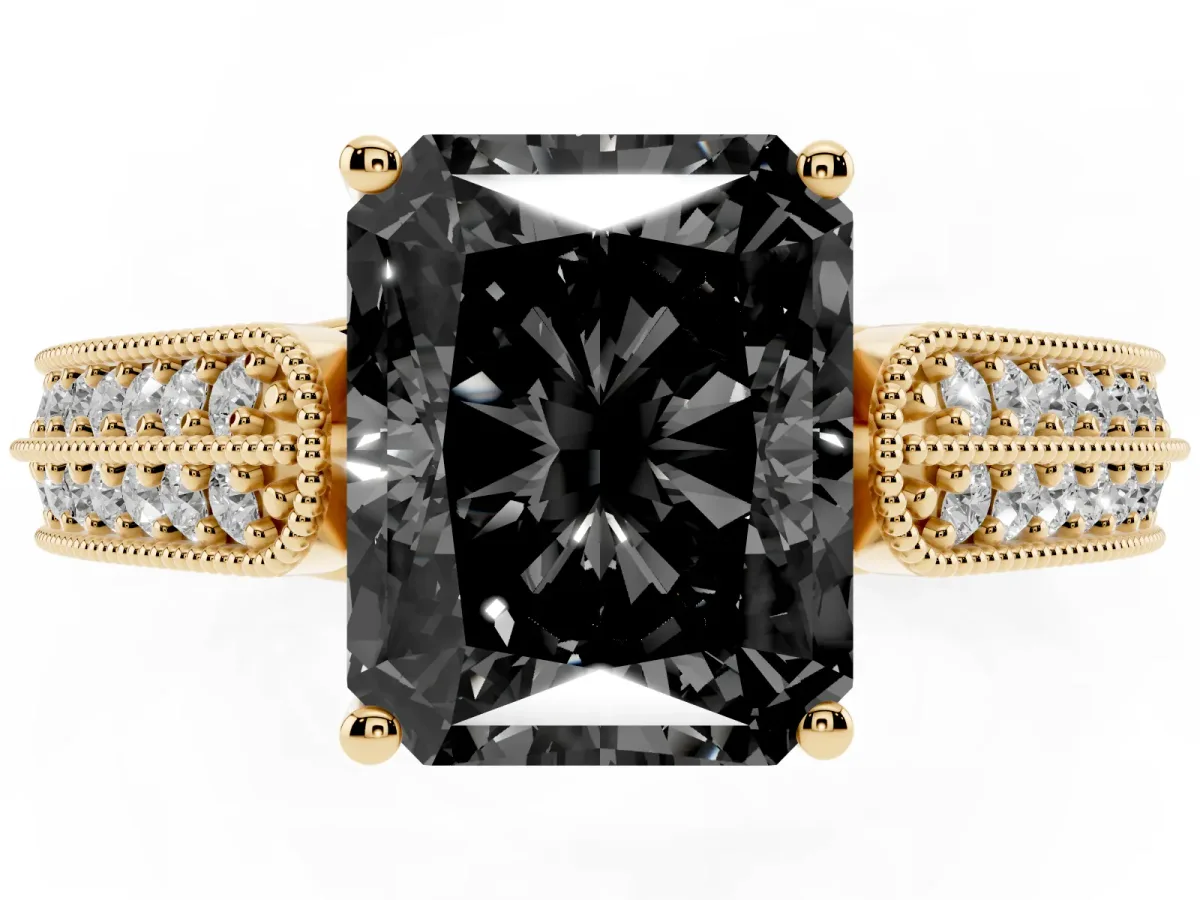 Fancy Black Radiant Cut Cut Pave Split Shank Engagement Ring with Four-Prong Setting Yellow gold