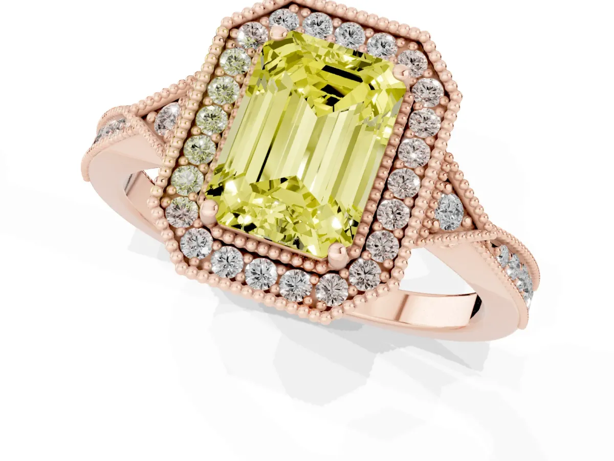 Fancy Yellow Emerald Cut Halo Round Diamond Milgrain Pave Engagement Ring Rose gold