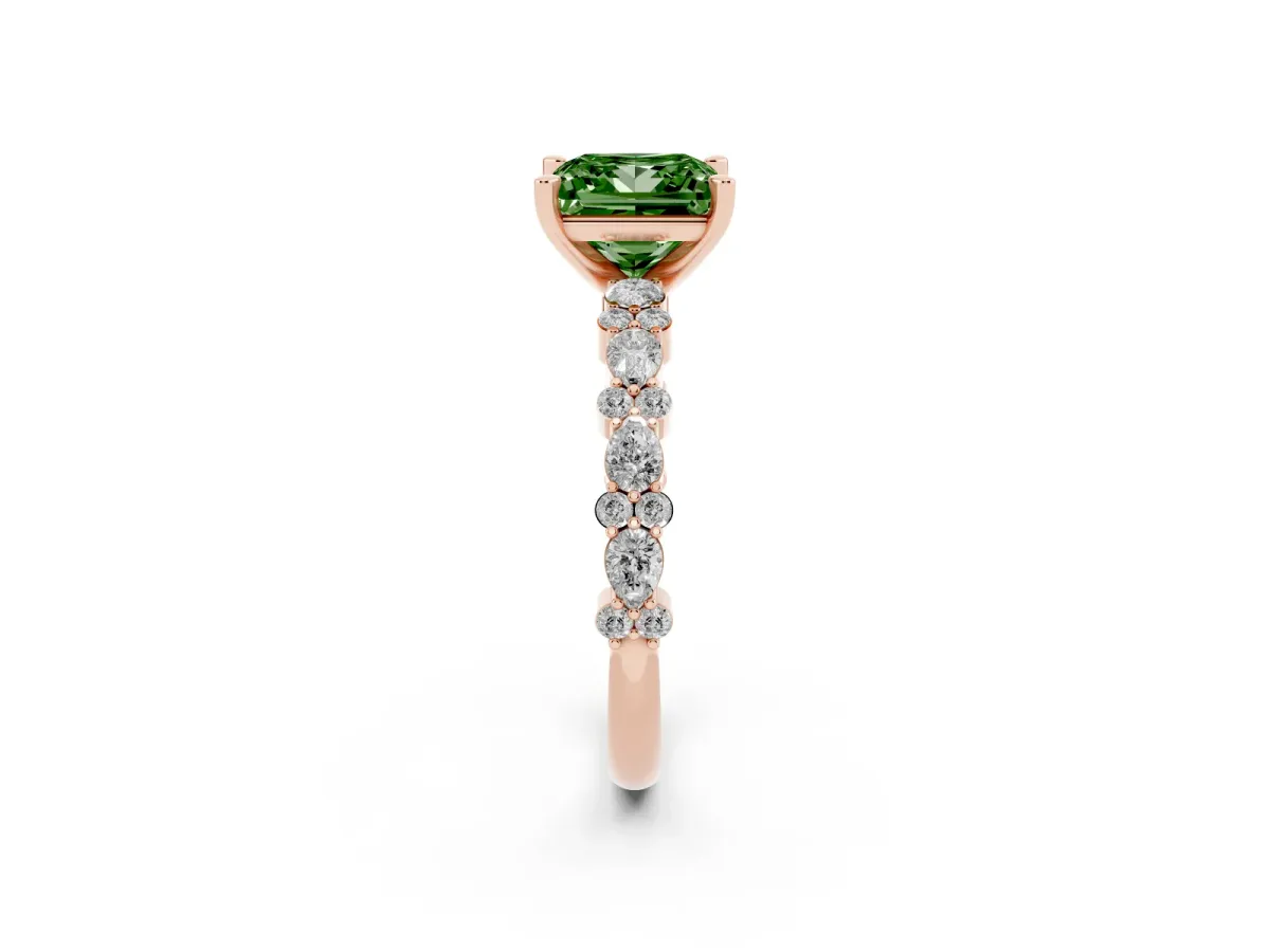 Fancy Green Princess Cut Diamond Side Stone Solitaire Ring with Round and Four-Prong Setting Rose gold