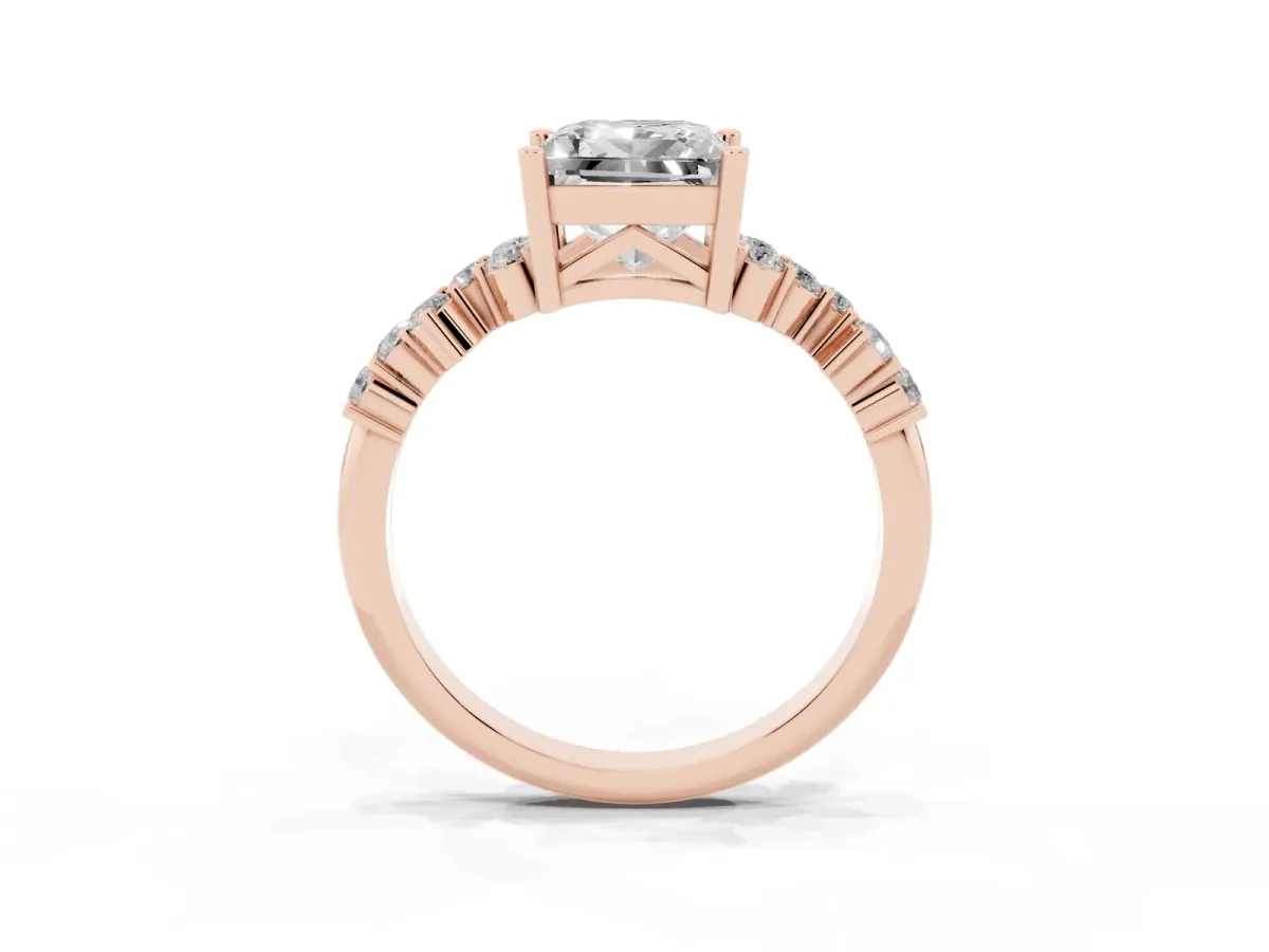 Princess Cut Diamond Scattered Round Accent Ring with Prong Setting Rose gold