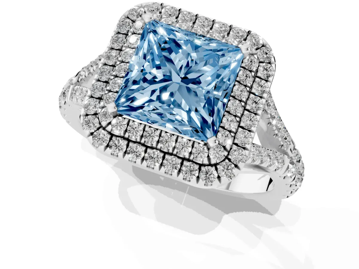 Fancy Blue Princess Cut Diamond Double Halo Ring with Split Shank and Prong Setting Platinum