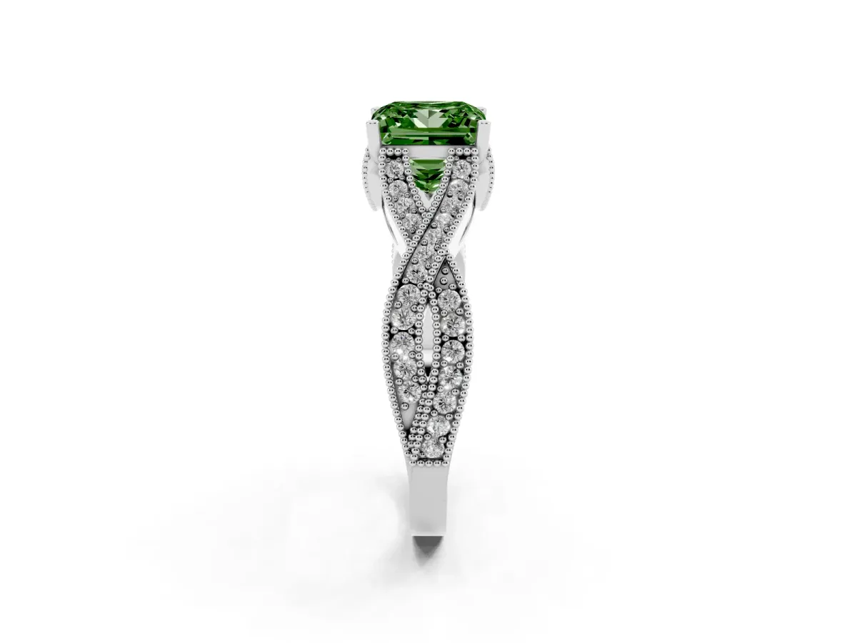 Fancy Green Princess Cut Cut Diamond Twisted Band with Milgrain Pave Setting and Four-Prong Setting Platinum
