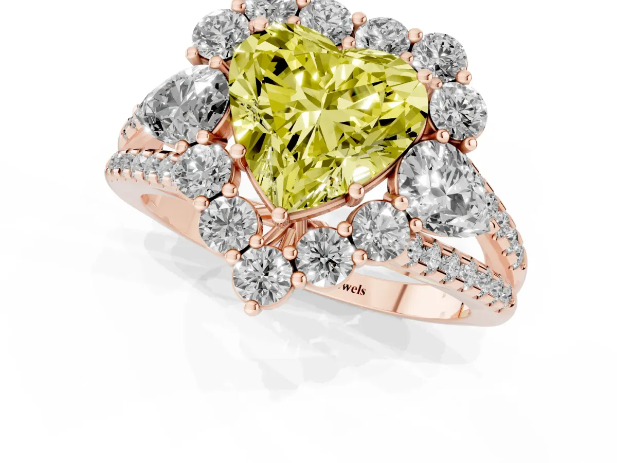 Fancy Yellow Heart Cut Halo Split Shank Diamond Engagement Ring with Prong Setting Rose gold