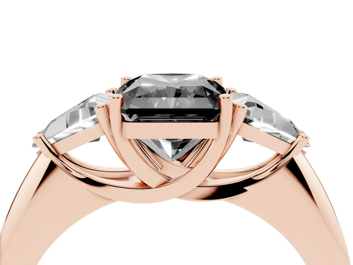 Fancy Black Three-Stone Radiant Cut Diamond Engagement Ring with Trillion Side Stones and Prong Setting Rose gold