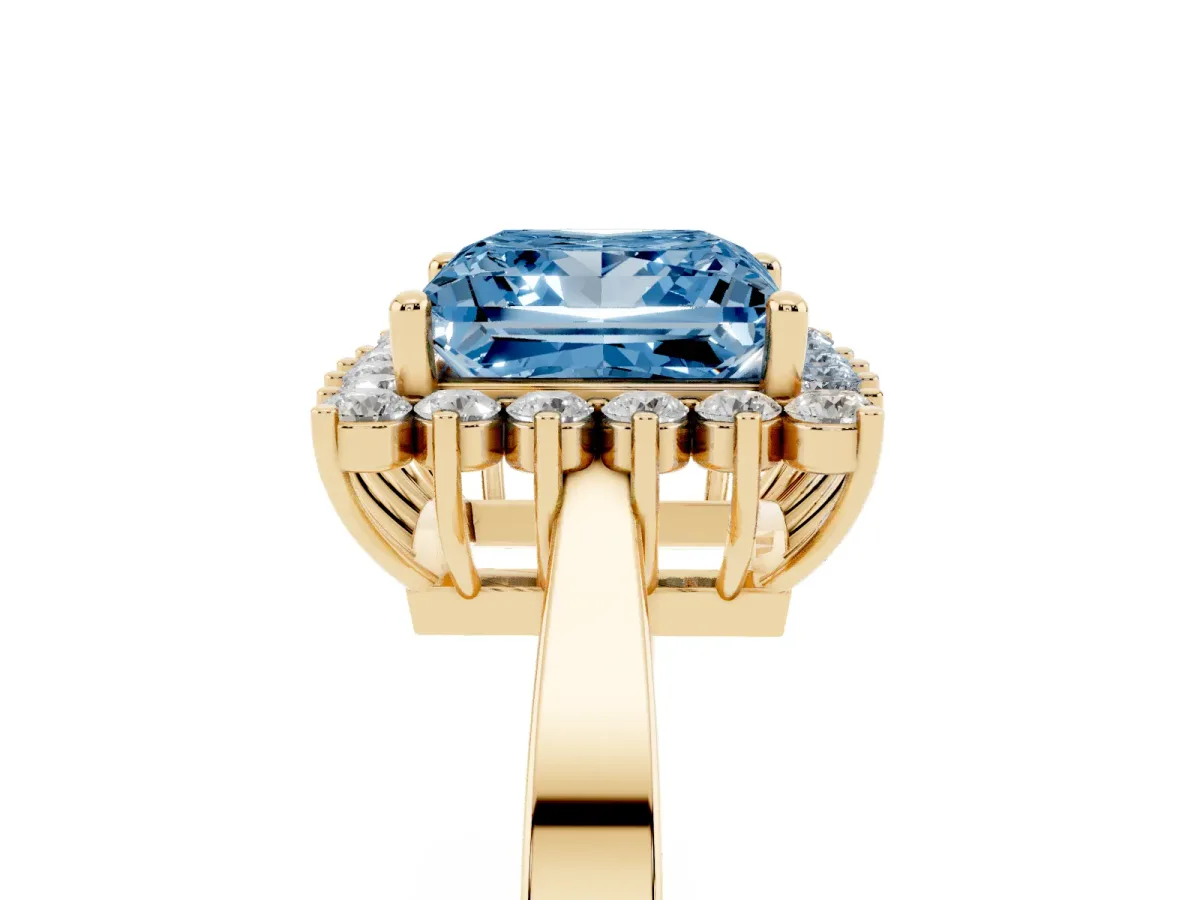 Fancy Blue Princess Cut Cut Diamond Halo Ring with Round Brilliant Halo and Solitaire Band Yellow gold