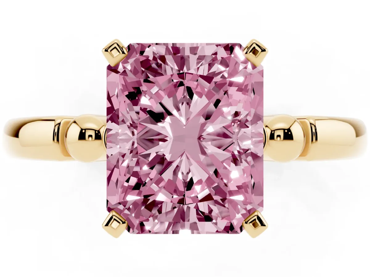 Fancy Pink Radiant Cut Solitaire Beaded Band with Four-Prong Setting Yellow gold