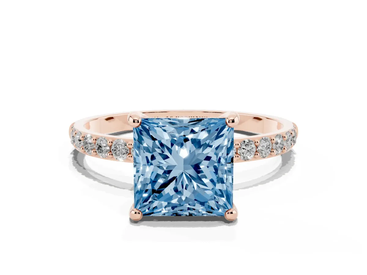 Fancy Blue Princess Cut Diamond Solitaire Ring with Round Pavé Band and Prong Setting Rose gold