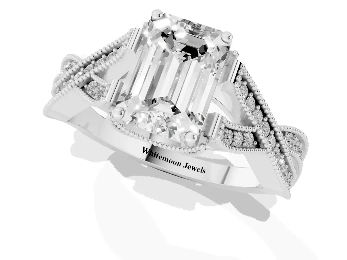 Emerald Cut Cut Diamond Twisted Band with Milgrain Pave Setting and Four-Prong Setting Silver