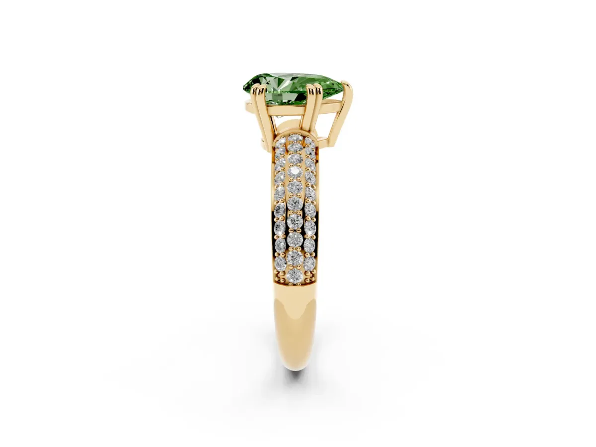 Fancy Green Pear Cut Diamond Solitaire Ring with Multi-Row Round Pavé Band and Prong Setting Yellow gold