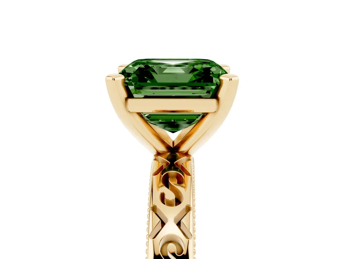 Fancy Green Asscher Cut Solitaire Engagement Ring with Scrollwork Band and Four-Prong Setting Yellow gold