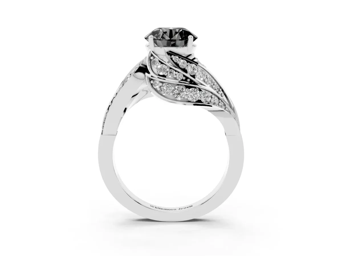 Fancy Black Round Cut Diamond Solitaire Ring with Prong Setting and Twisted Pavé Band Silver