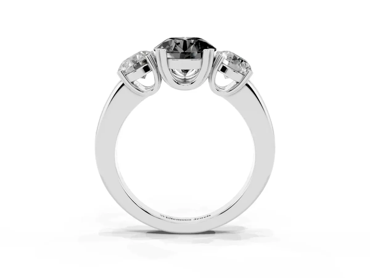 Fancy Black Three-Stone Round Cut Cut Diamond Ring with Channel Set Band and Four-Prong Setting Platinum