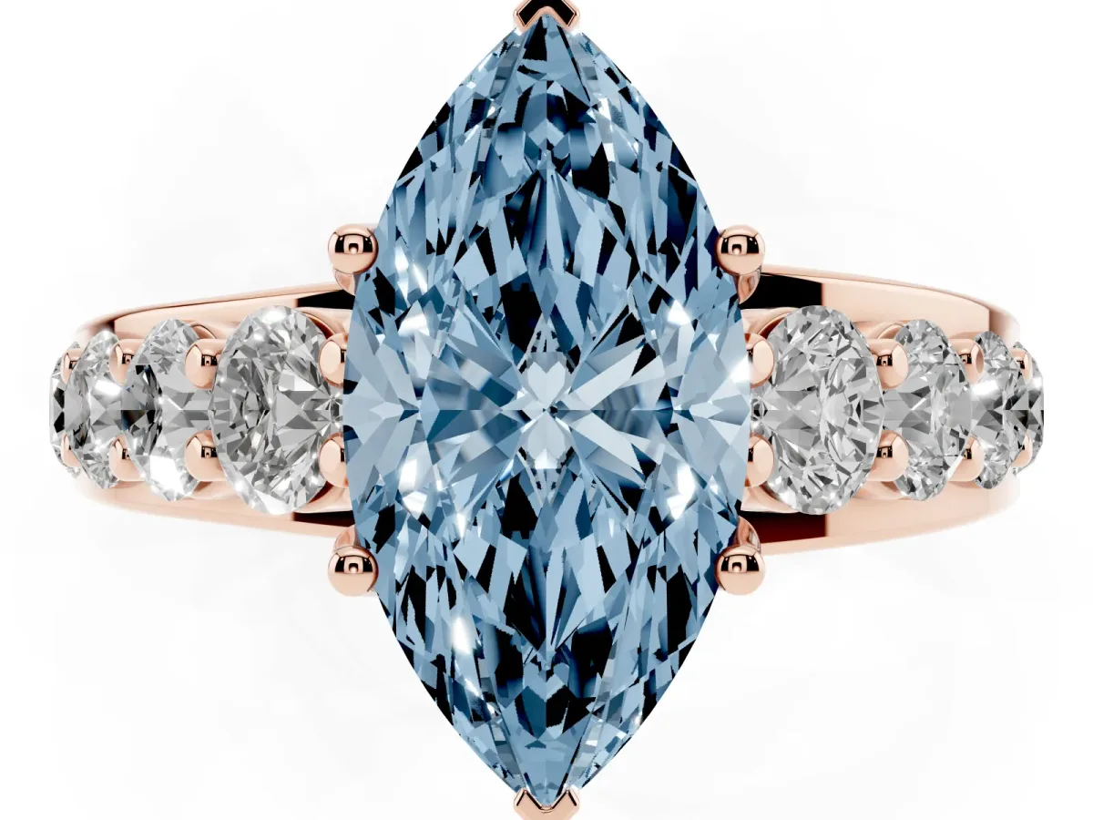 Fancy Blue Marquise Cut Diamond Engagement Ring with Pavé Band and Four-Prong Setting Rose gold