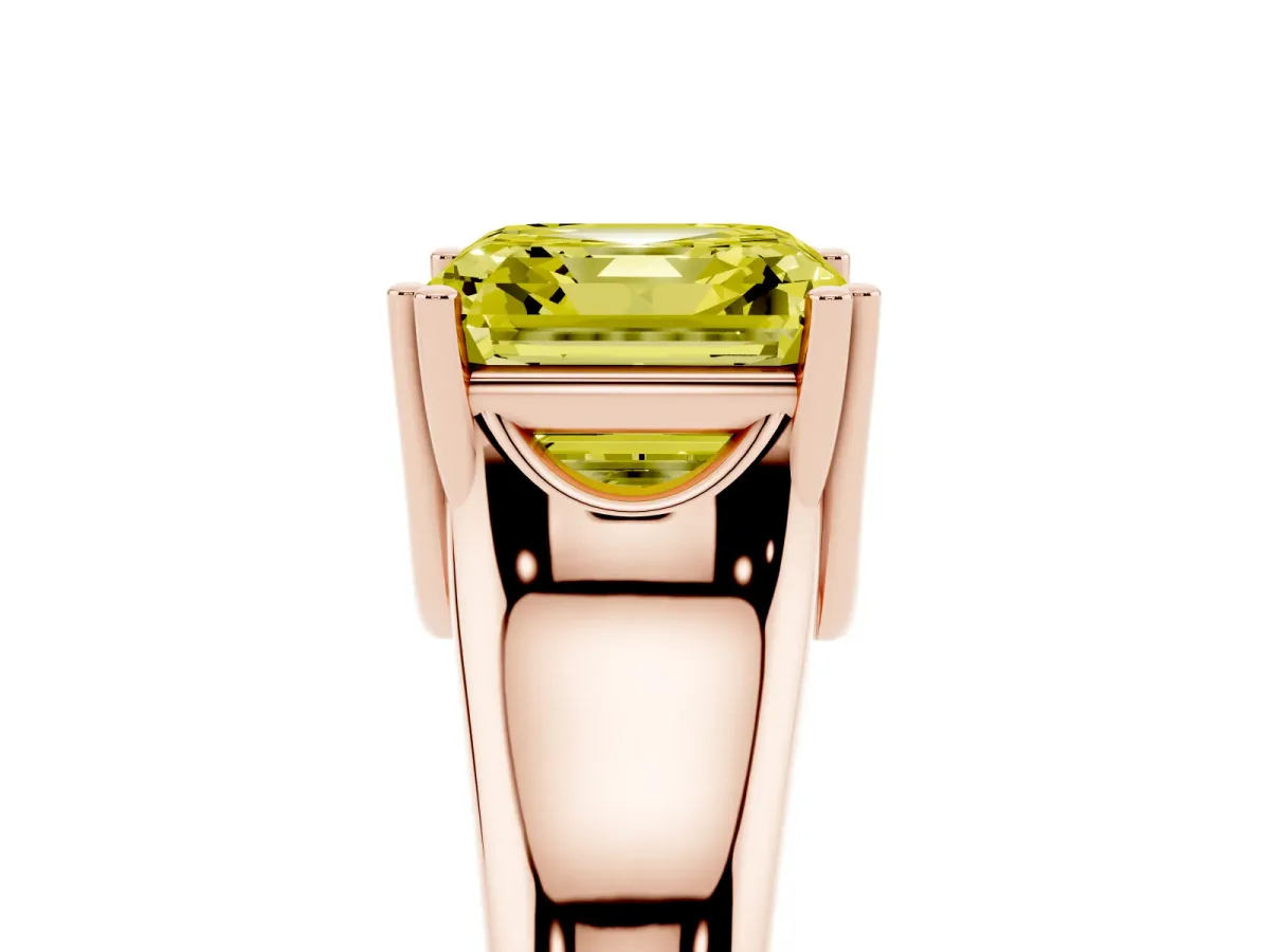 Fancy Yellow Asscher Cut Diamond Solitaire Ring with Wide Band and Prong Setting Rose gold
