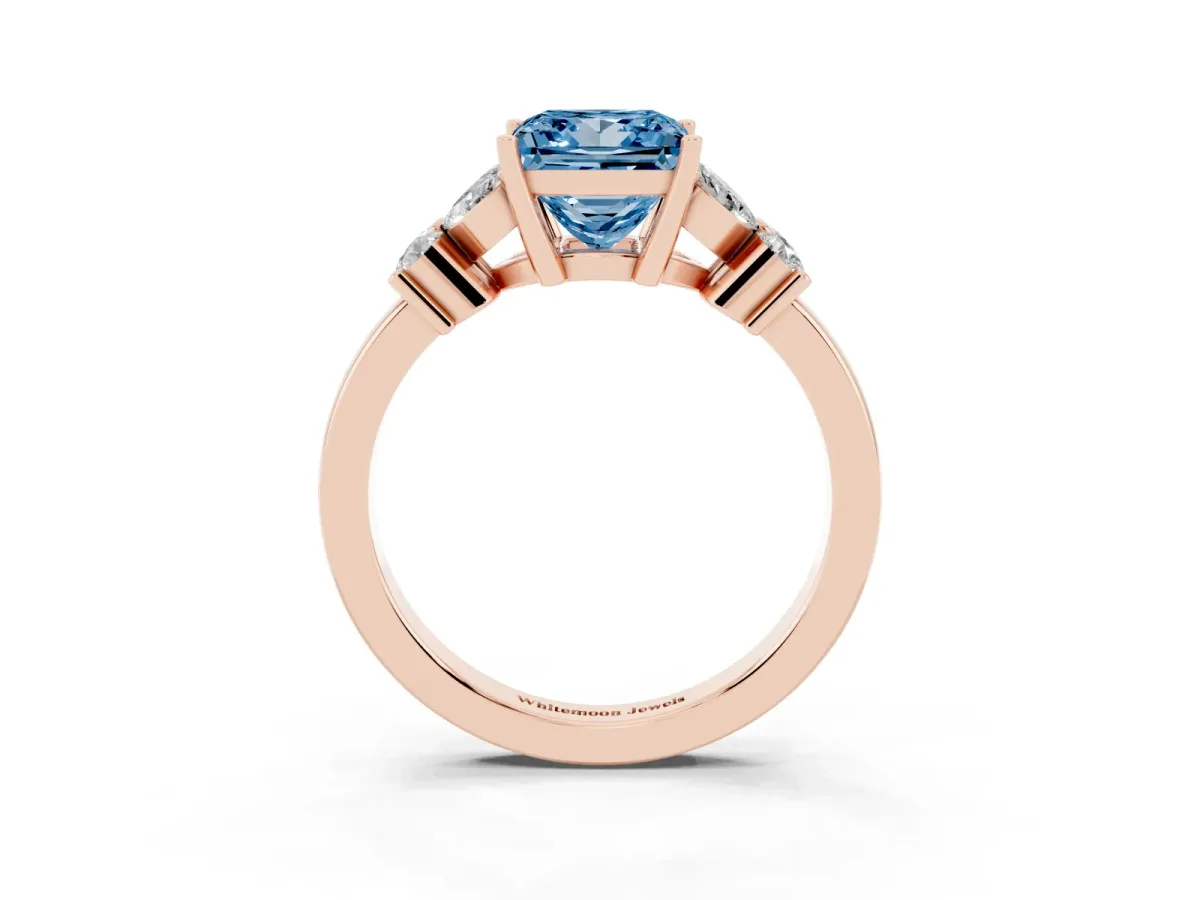 Fancy Blue Princess Cut Diamond Floral Cluster Ring with Solitaire Band and Prong Setting Rose gold