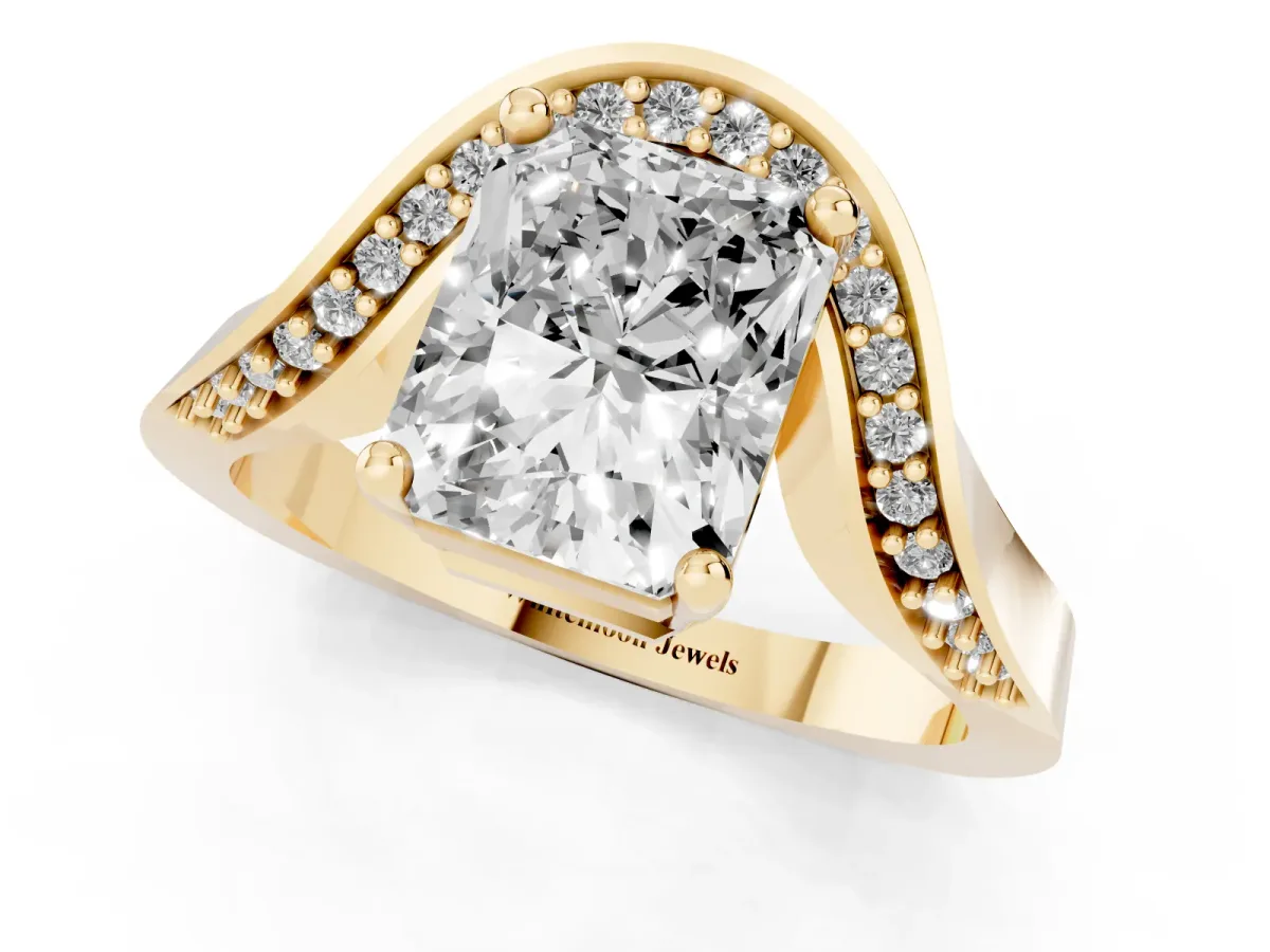 Radiant Cut Solitaire Diamond Engagement Ring with Pave Band and Four-Prong Setting Yellow gold