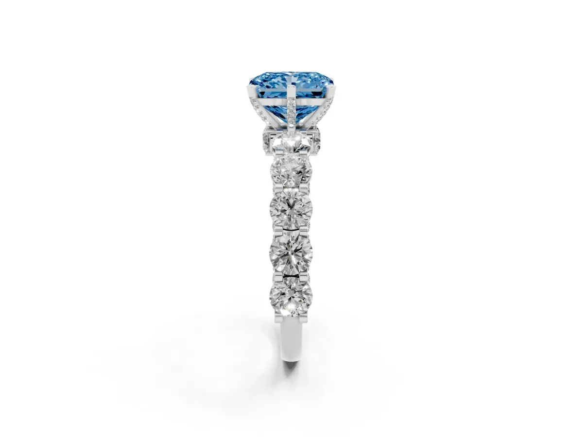 Fancy Blue Radiant Cut Diamond Side Stone Engagement Ring with Four-Prong Setting White gold