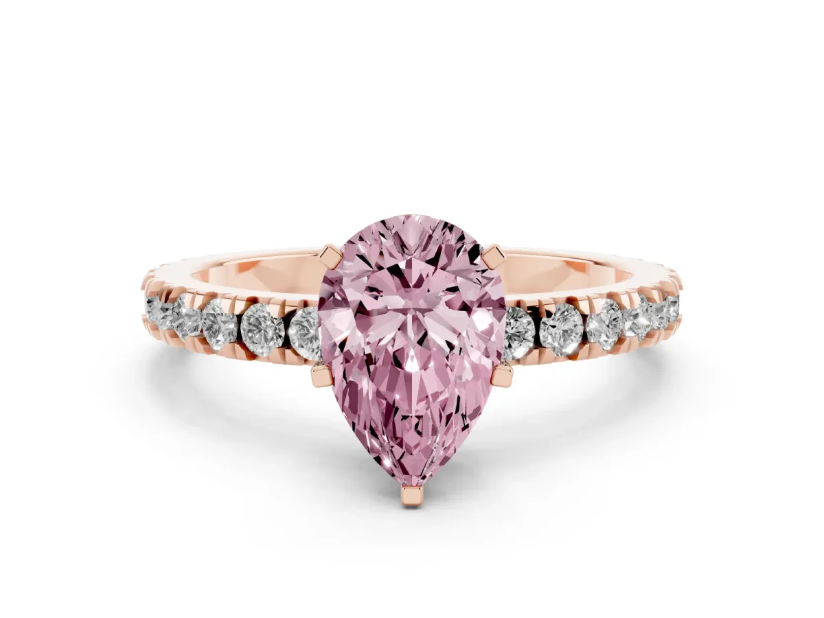 Fancy Pink Pear Cut Diamond Pavé Band Solitaire with Four-Prong Setting Rose gold