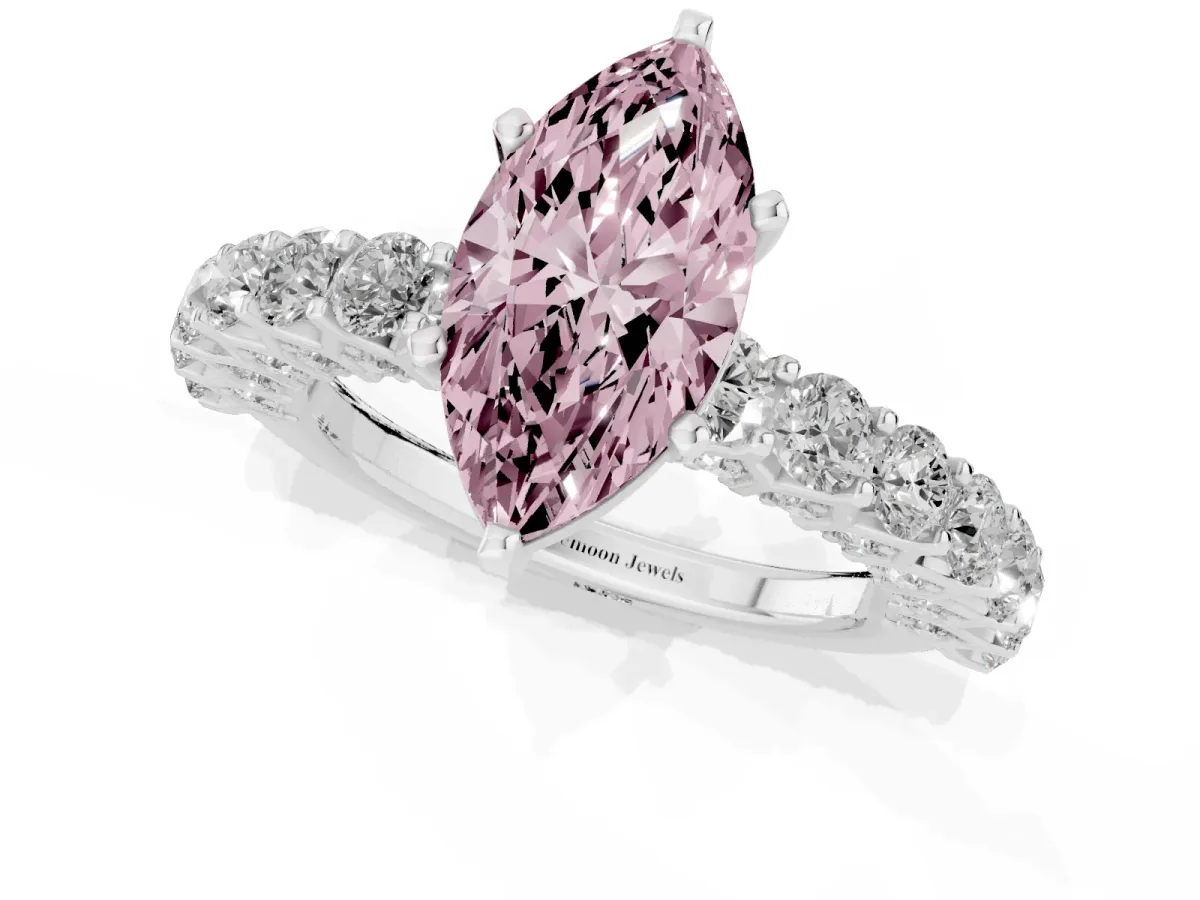 Fancy Pink Marquise Cut Diamond Solitaire Ring with Shared Prong Pavé Band and Four-Prong Setting Silver