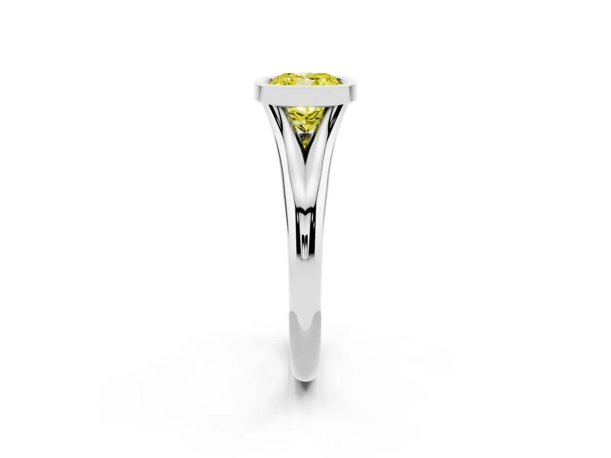 Fancy Yellow Bezel Set Cushion Cut Solitaire Diamond Ring with Smooth Band Silver