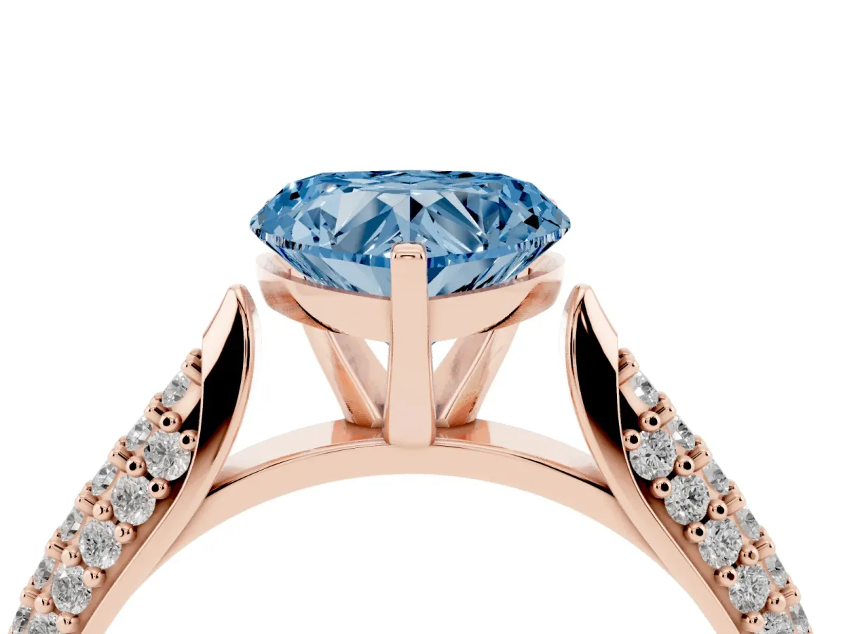 Fancy Blue Heart Cut Diamond Solitaire Engagement Ring with Multi-Row Round Pavé Band and Prong Setting Rose gold