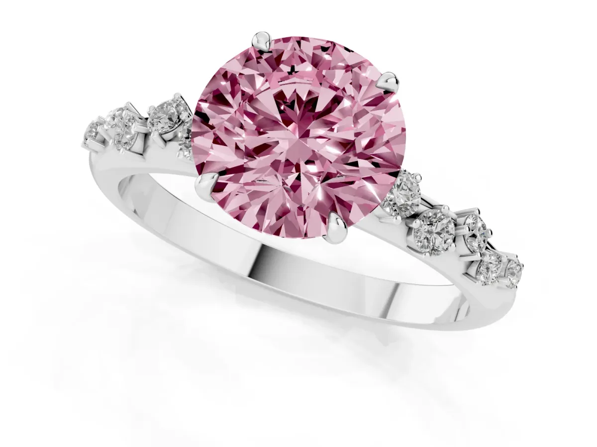 Fancy Pink Round Cut Diamond Cluster Prong-Set Solitaire Ring Silver