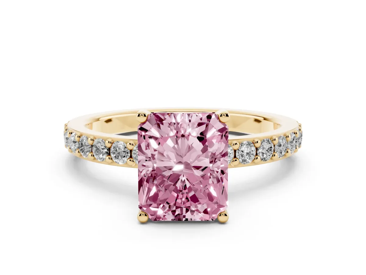 Fancy Pink Radiant Cut Cut Diamond Solitaire with Pave Band and Four-Prong Setting Yellow gold