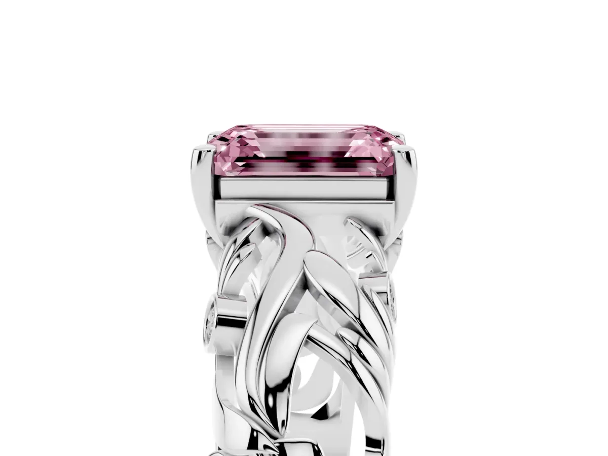 Fancy Pink Emerald Cut Solitaire Diamond Leaf-Inspired Vine Band Ring with Prong Setting Platinum