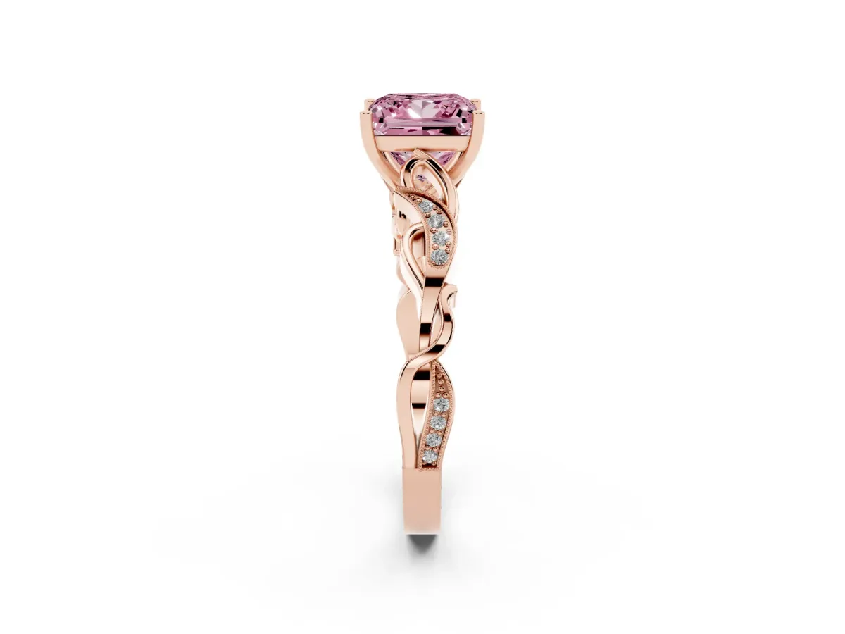 Fancy Pink Princess Cut Solitaire Vine Band with Milgrain Prong Setting Rose gold