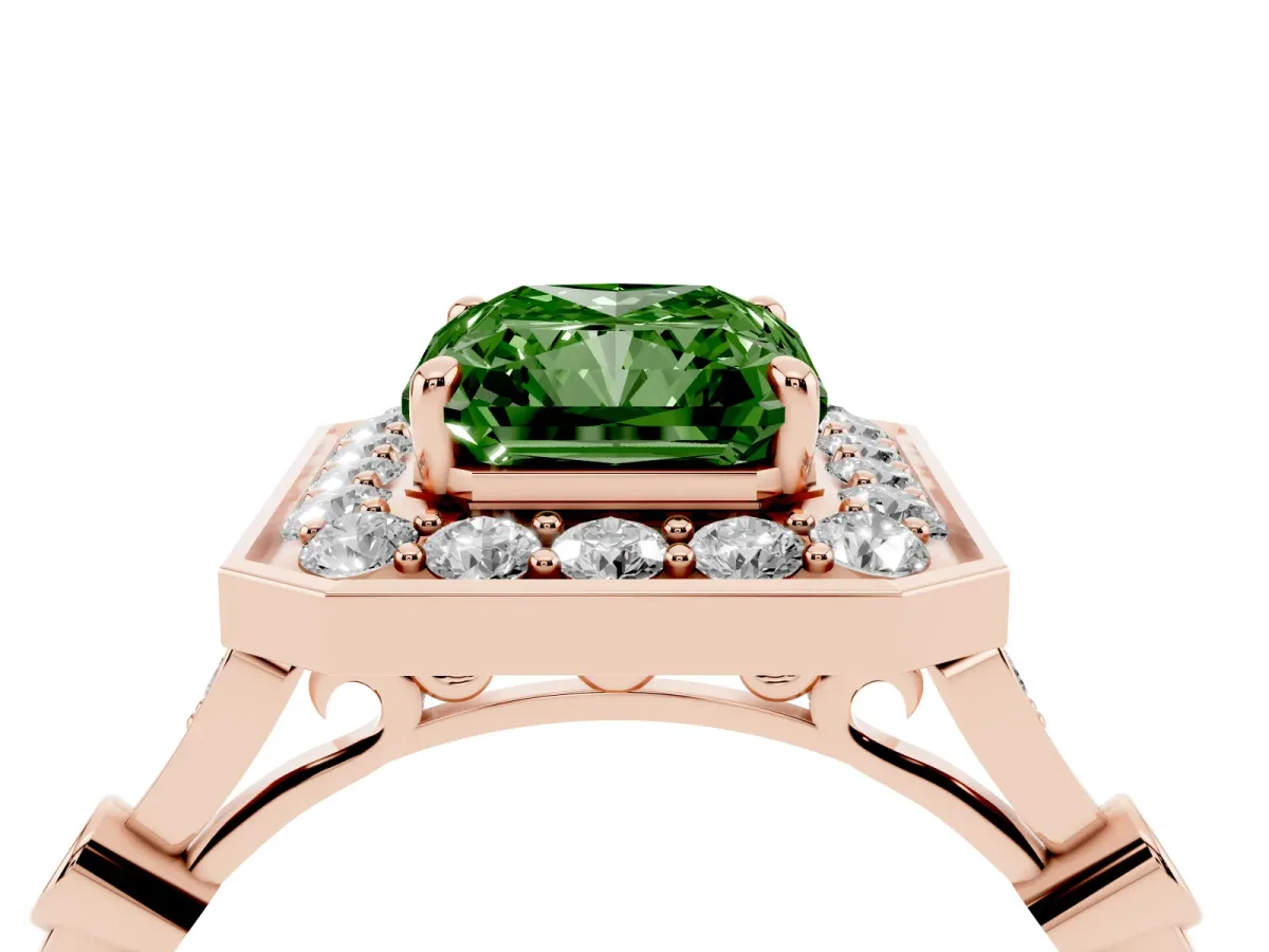 Fancy Green Radiant Cut Halo Diamond Engagement Ring with Twisted Band and Four-Prong Setting Rose gold