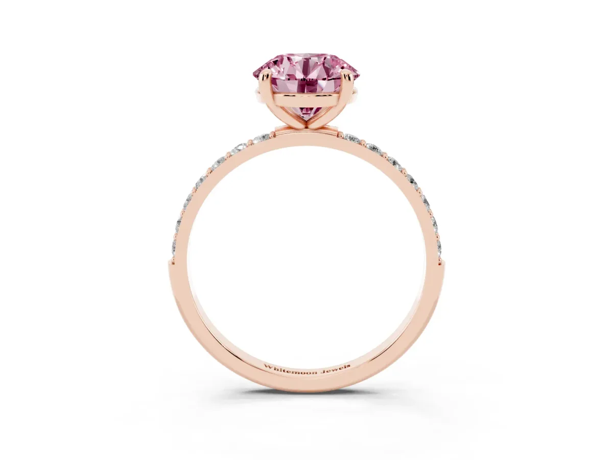 Fancy Pink Round Cut Diamond Solitaire Ring with Round Pavé Band and Prong Setting Rose gold