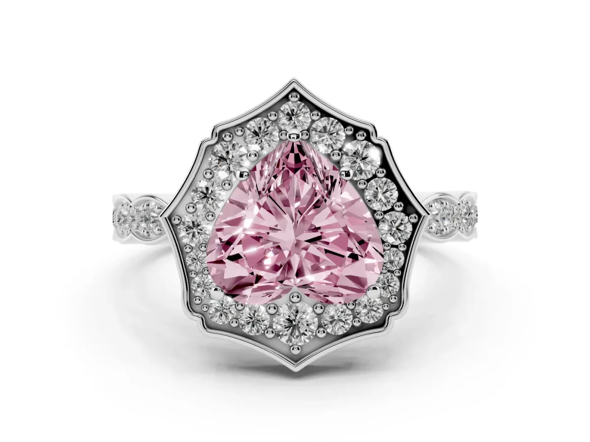 Fancy Pink Heart Cut Halo Diamond Engagement Ring with Milgrain Band and Four-Prong Setting Platinum