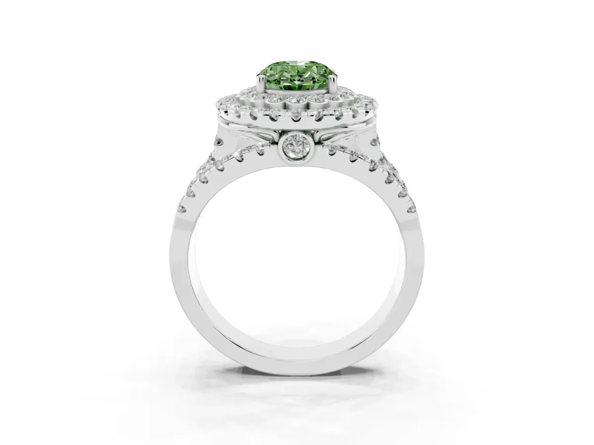 Fancy Green Oval Cut Diamond Double Halo Ring with Round Pavé Split Shank and Prong Setting Silver