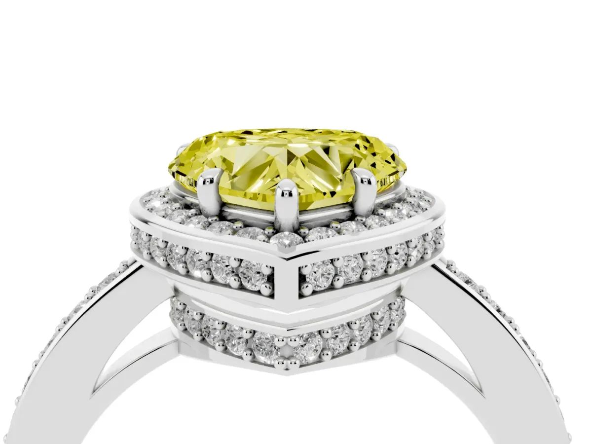 Fancy Yellow Heart Cut Halo Pave Band Solitaire Ring with Prong Setting White gold