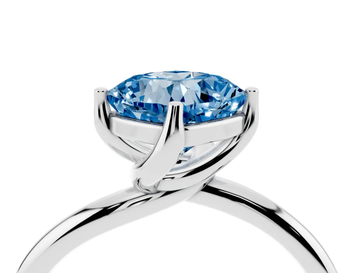 Fancy Blue Cushion Cut Diamond Solitaire Engagement Ring with Four-Prong Setting and Classic Band Silver