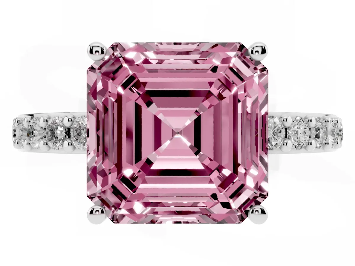Fancy Pink Asscher Cut Cut Diamond Solitaire with Pave Band and Four-Prong Setting Platinum