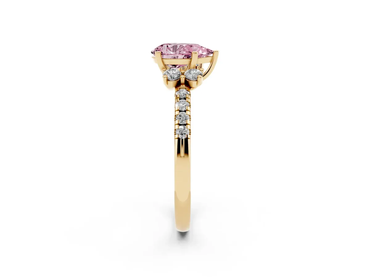 Fancy Pink Pear Cut Diamond Three-Stone Pave Band with Four-Prong Setting Yellow gold