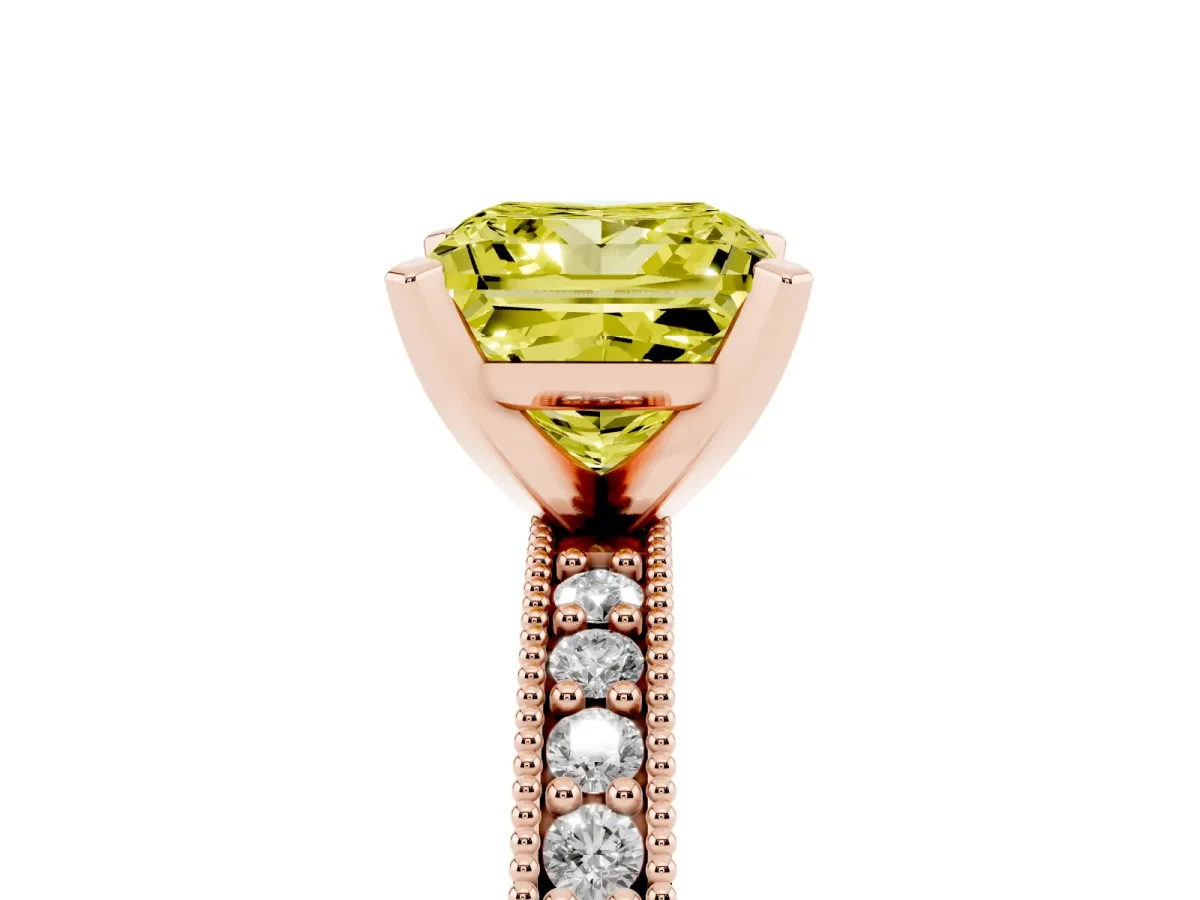 Fancy Yellow Princess Cut Diamond Milgrain Pavé Engagement Ring with Four-Prong Setting Rose gold
