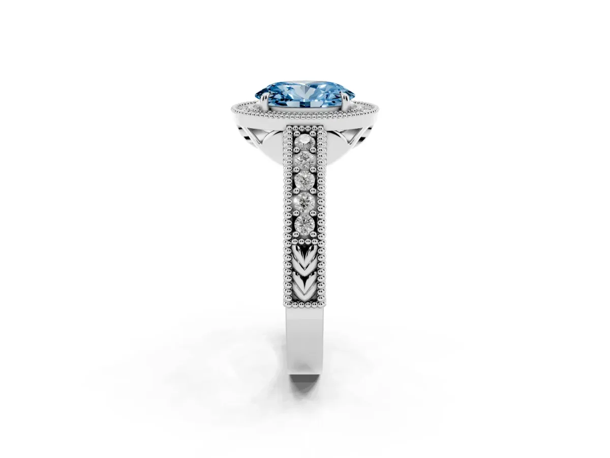 Fancy Blue Oval Cut Cut Halo Diamond Ring with Pavé Band and Four-Prong Setting Platinum