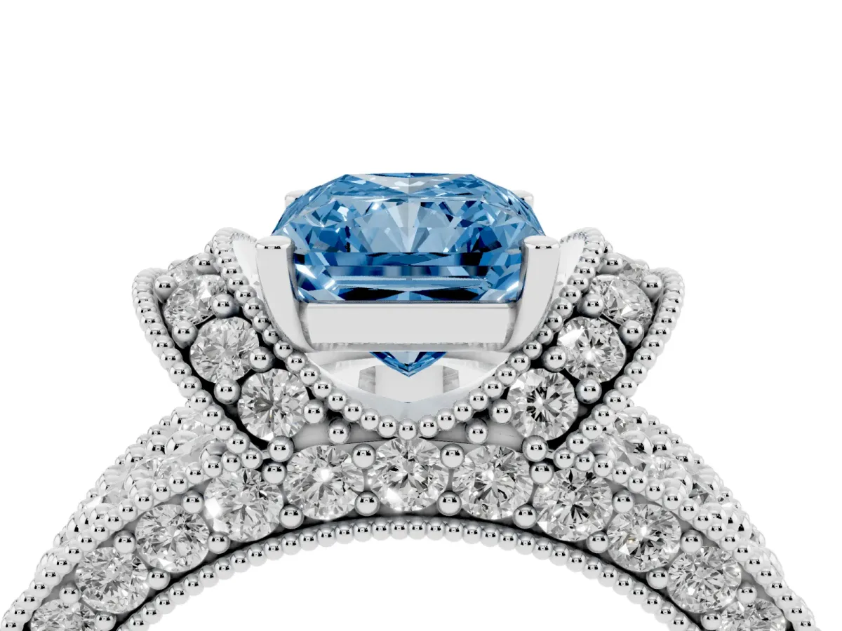 Fancy Blue Radiant Cut Halo Pave Diamond Engagement Ring with Milgrain Detailing Silver