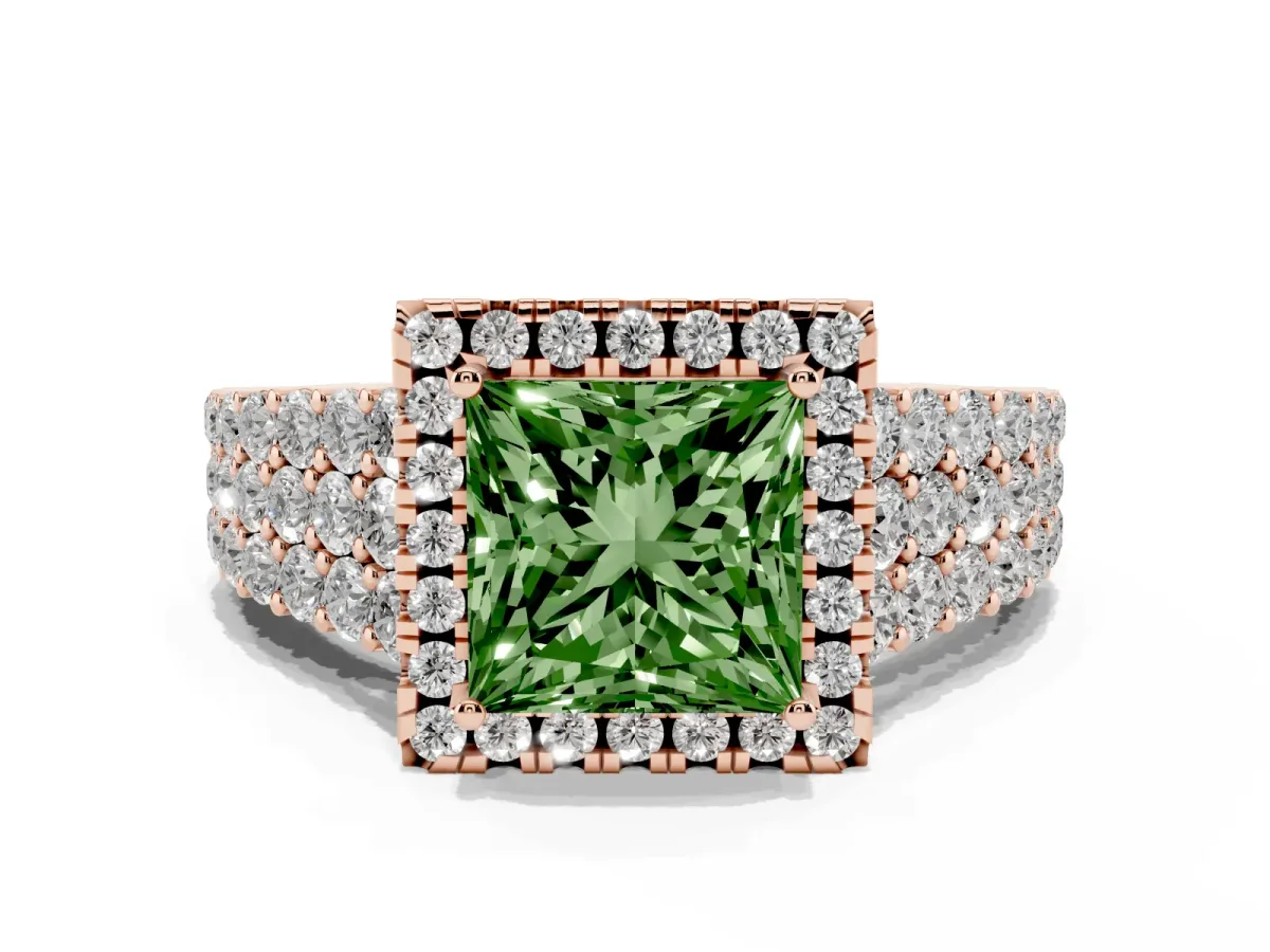 Fancy Green Princess Cut Diamond Halo Engagement Ring with Triple Row Round Pavé Band and Prong Setting Rose gold