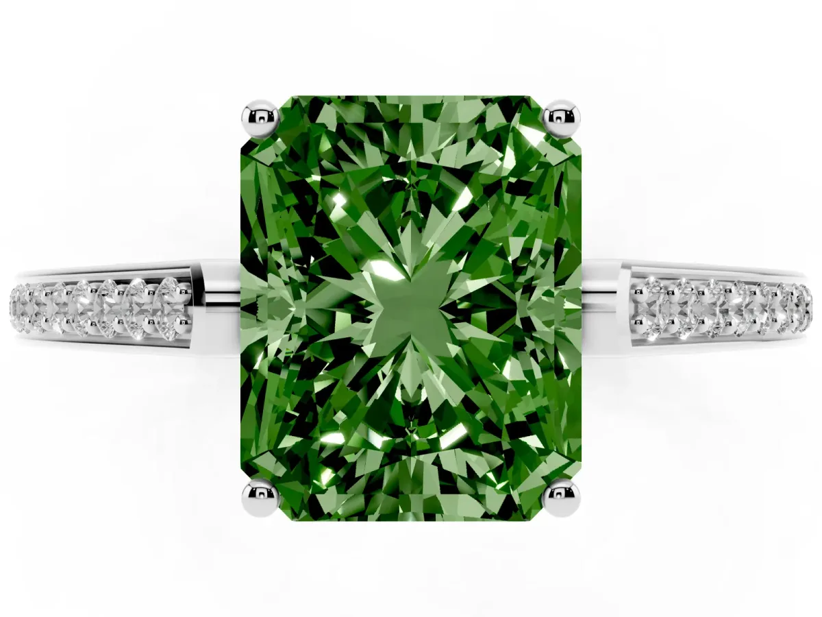 Fancy Green Radiant Cut Cut Cathedral Pave Diamond Engagement Ring with Six-Prong Setting Silver