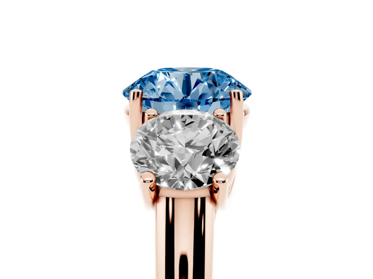 Fancy Blue Three-Stone Round Cut Diamond Engagement Ring with Prong Setting Rose gold