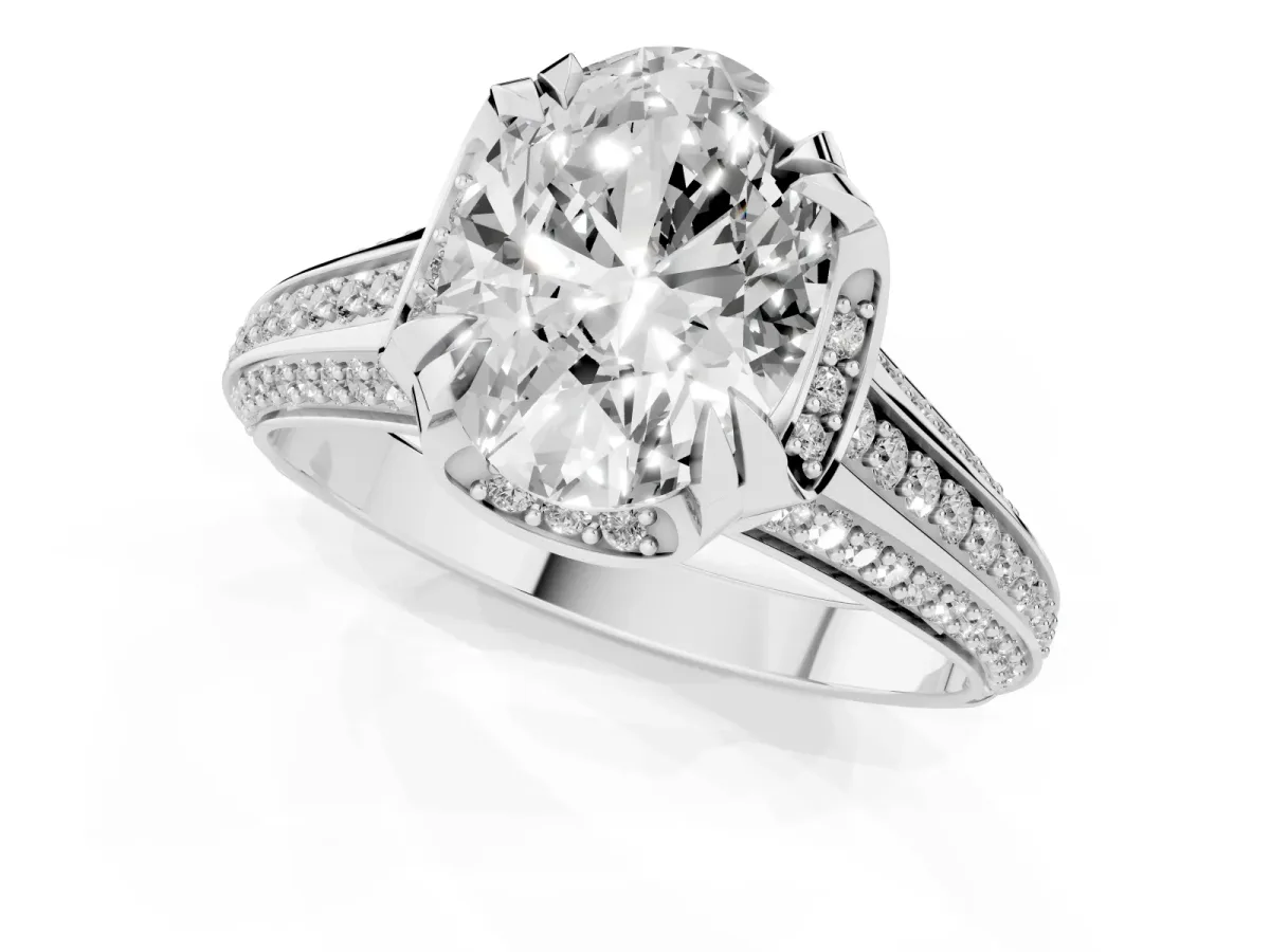 Oval Cut Solitaire Pave Split Shank Ring with Four-Prong Setting Platinum