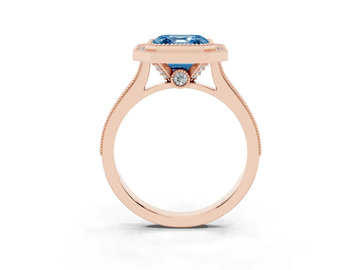 Fancy Blue Halo Asscher Cut-Cut Diamond Pave Band Milgrain Prong Setting Ring Rose gold
