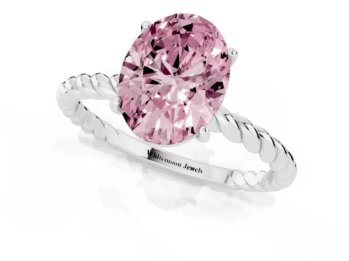 Fancy Pink Oval Cut Solitaire Twist Band Ring with Four-Prong Setting White gold