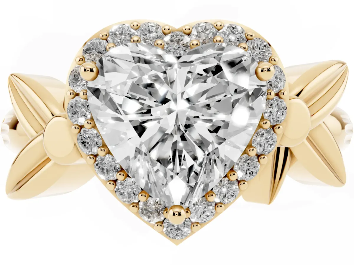 Heart Cut Halo Diamond Floral Band with Four-Prong Setting Yellow gold